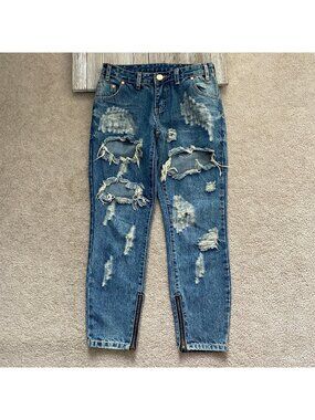 One By One Teaspoon Trashed Free Birds Jeans Womens Size 27 Distressed Ankle Zip